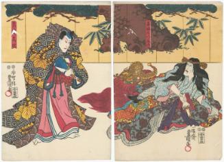 Actors Ichikawa Ebizô V as Ishida no Tsubone (R) and Ichikawa Danjûrô VIII as Mashiba Hisatsugu (L)