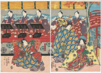 Actors Onoe Kikujirô II as Lady-in-waiting (Jijo) Tamakazura, Iwai Kumesaburô III as Ashikaga Jirô no kimi (R), and Bandô Takesaburô I as Ashikaga Yoshihisa (L), with musicians