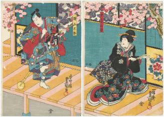 Actors Iwai Kumesaburô III as Wife (Nyôbô) Asaka (R) and  Ichikawa Kodanji IV as Yokoyama Tarô (L)